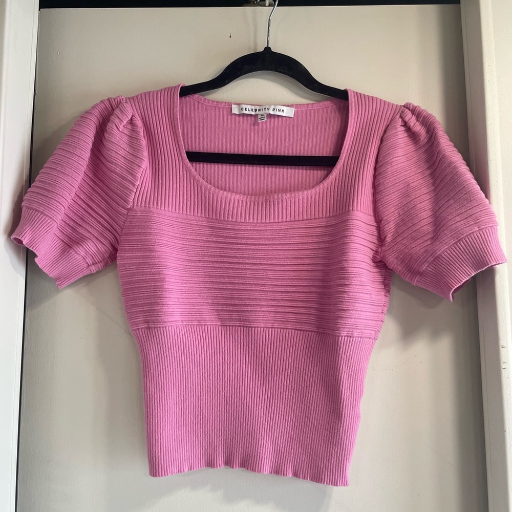 Celebrity Pink Bubble Sleeve Ribbed Square Neck Top in Pink